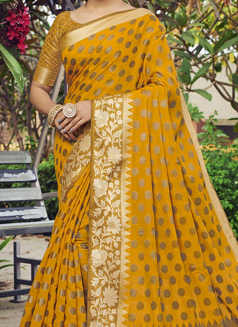 Dhiyona GR Women's Yashomati Medallion Yellow Zari Woven Design Chanderi Cotton Saree