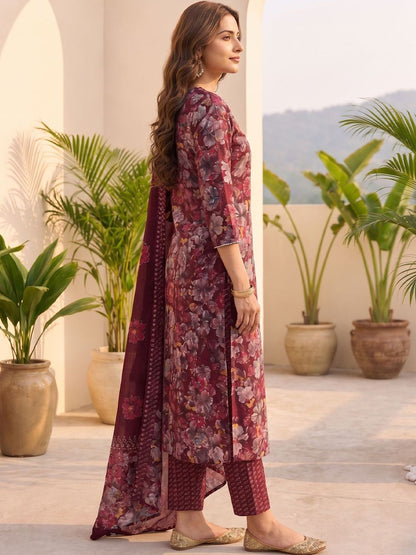 Red Women Floral Printed Regular Thread Work Kurta with Trousers & With Dupatta