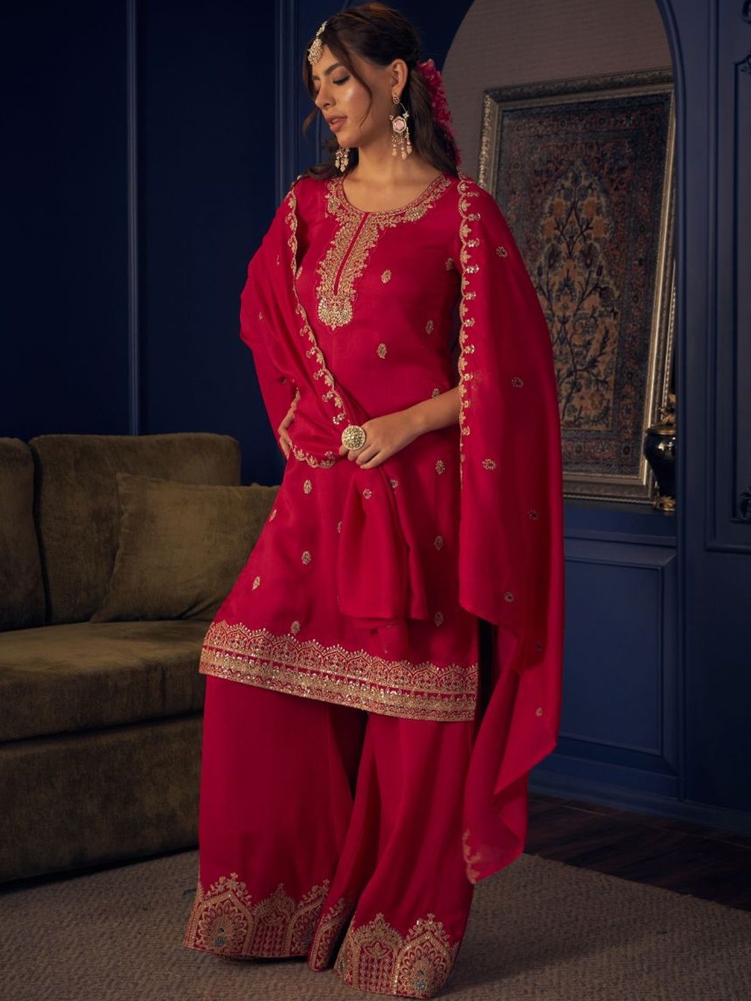 Dhiyona CH Floral Embroidered Straight Sequinned Kurta With Palazzos & Dupatta