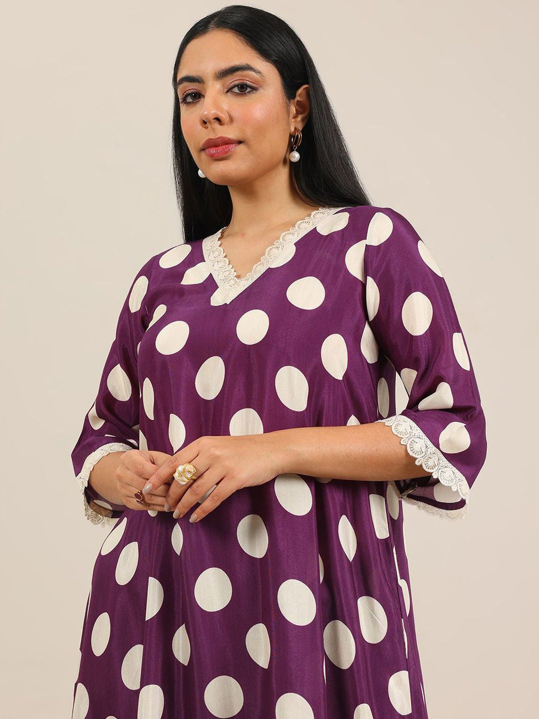 Polka Dot Printed V-Neck Straight Kurta With Trouser & Dupatta