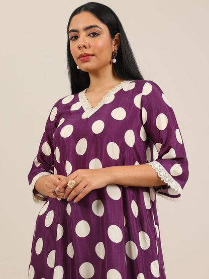 Polka Dot Printed V-Neck Straight Kurta With Trouser & Dupatta