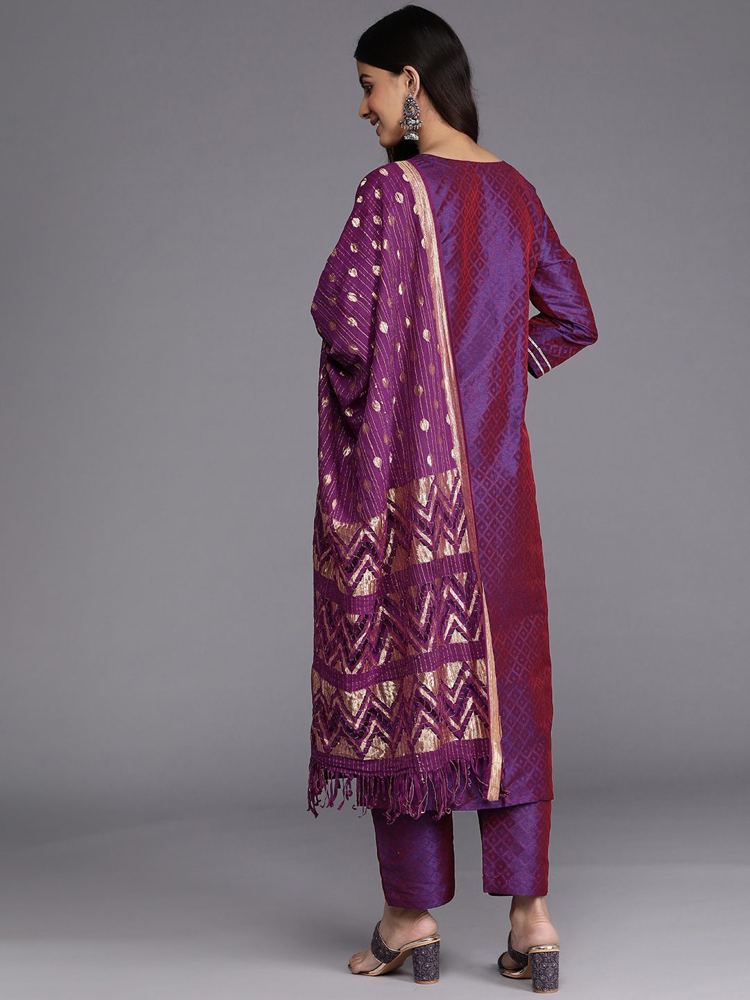 Purple Purple Geometric Woven Design Thread Work Jacquard Kurta with Trousers & Dupatta