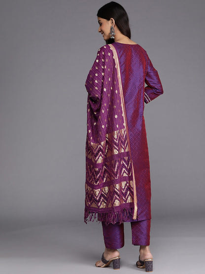 Purple Purple Geometric Woven Design Thread Work Jacquard Kurta with Trousers & Dupatta