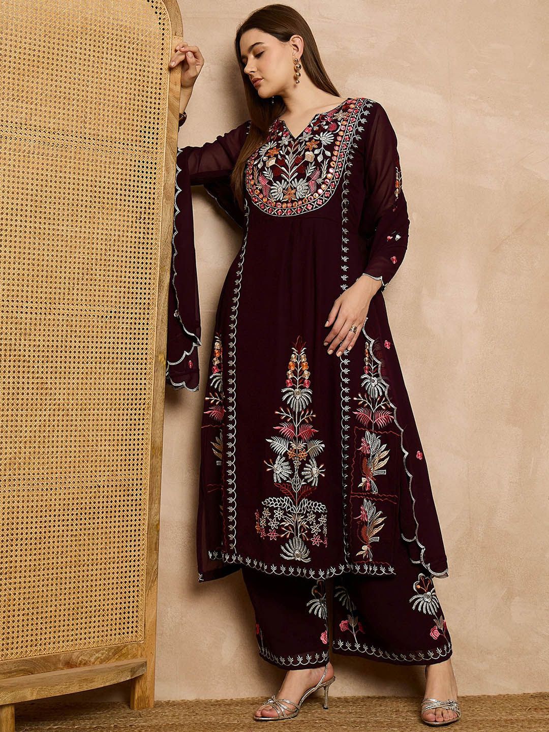 Dhiyona KL Floral Embroidered Mirror Work Kurta with Palazzos & Dupatta