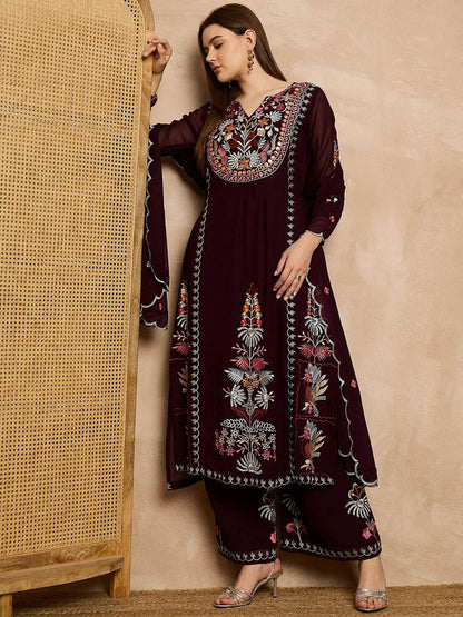 Dhiyona KL Floral Embroidered Mirror Work Kurta with Palazzos & Dupatta