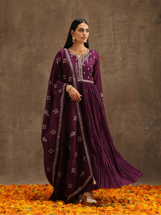 Womens Purple Embroidered Anarkali Kurta With Trousers & Dupatta