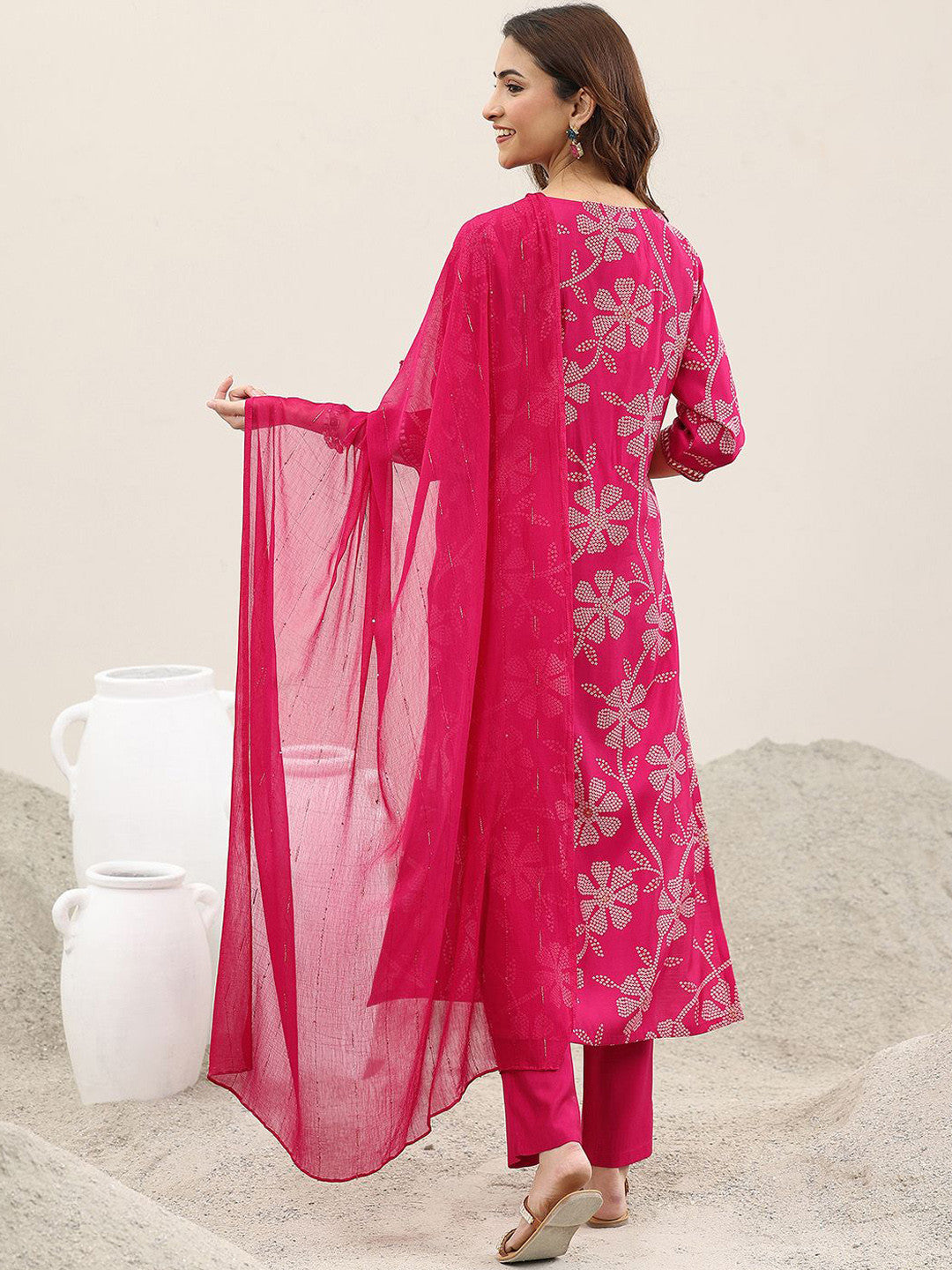 Bandhani Printed Regular Thread Work Straight Kurta With Trousers & Dupatta