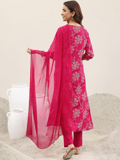 Bandhani Printed Regular Thread Work Straight Kurta With Trousers & Dupatta