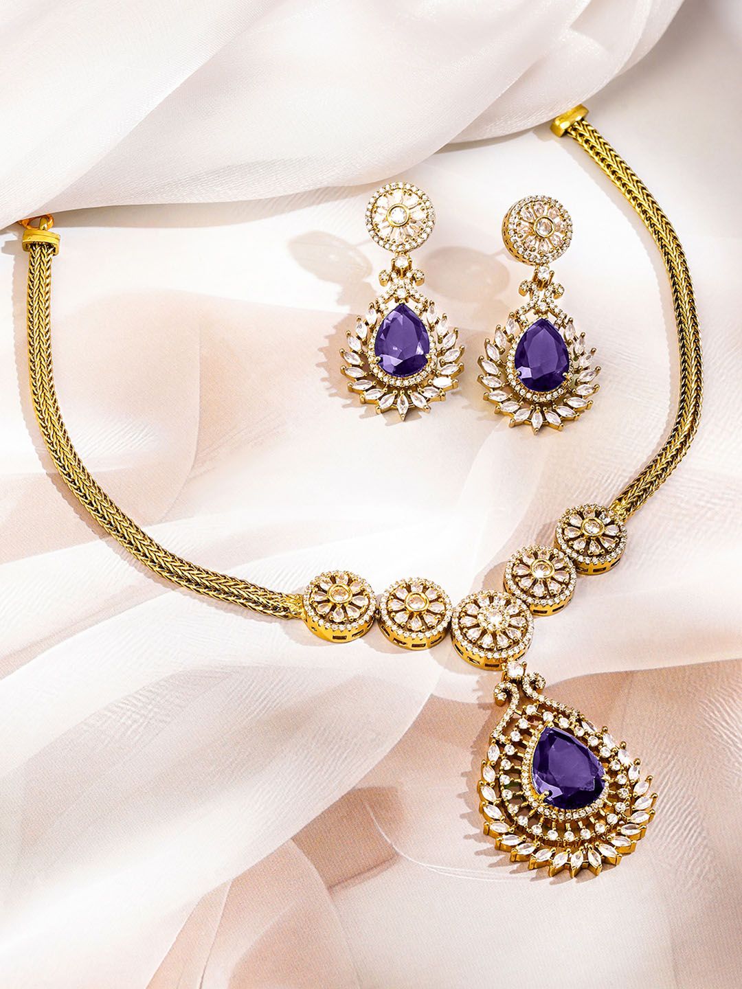 Dhiyona RJ Women's 22K Gold-Plated Blue Sapphire & White Cubic Zirconia Studded Floral Necklace Set