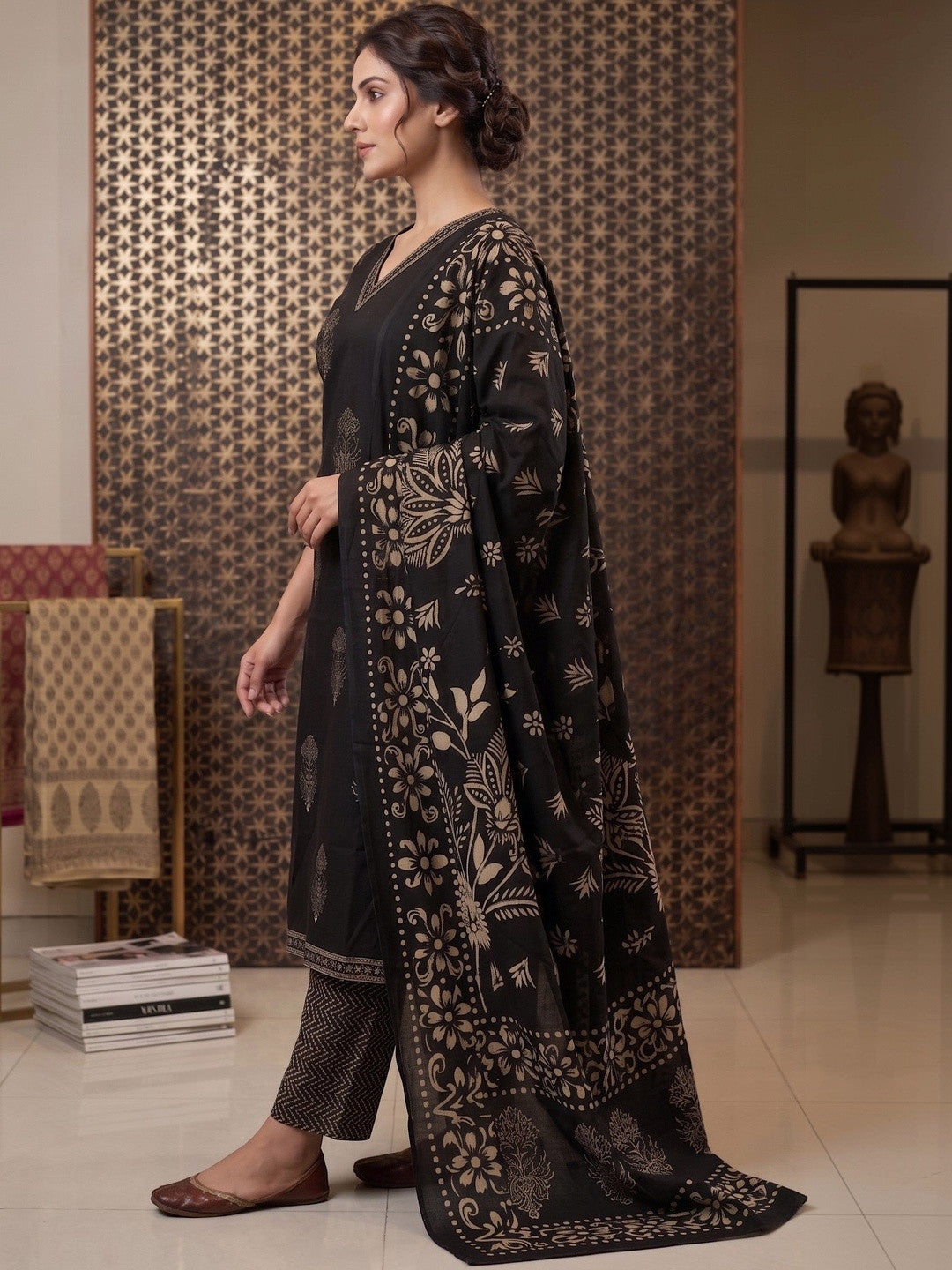 Printed Pure Cotton V-Neck Kurta & Trousers With Dupatta