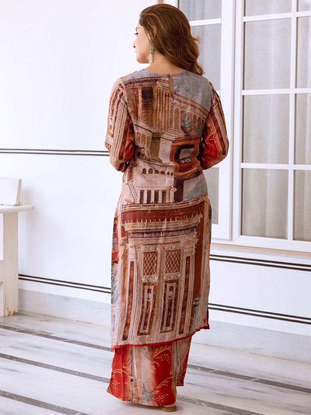 Dhiyona IS Women's Abstract Printed Round Neck Straight Kurta with Palazzos