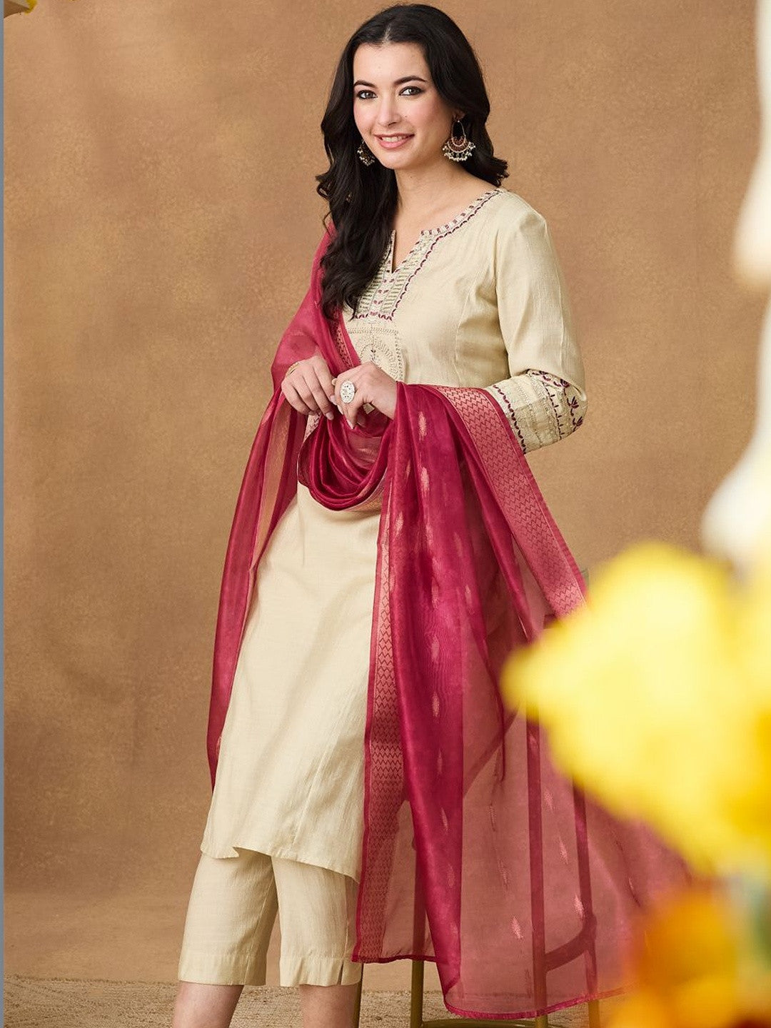 Embroidered Mandarin Collar Kurta Sets