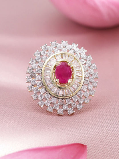 Dhiyona RJ Women's Rhodium-Plated Ruby Pink AD & White Cubic Zirconia Studded Adjustable Finger Ring