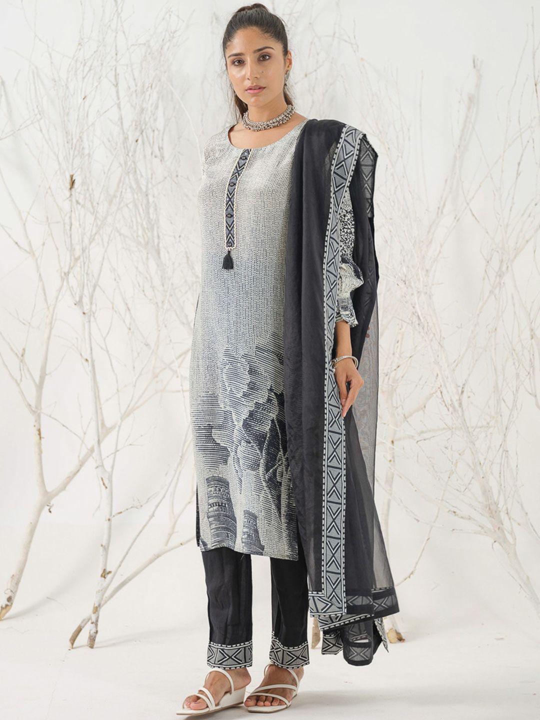 Dhiyona IS Women's Abstract Printed Linen Straight Kurta with Trousers & Dupatta
