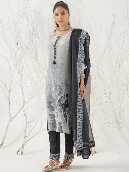 Dhiyona IS Women's Abstract Printed Linen Straight Kurta with Trousers & Dupatta