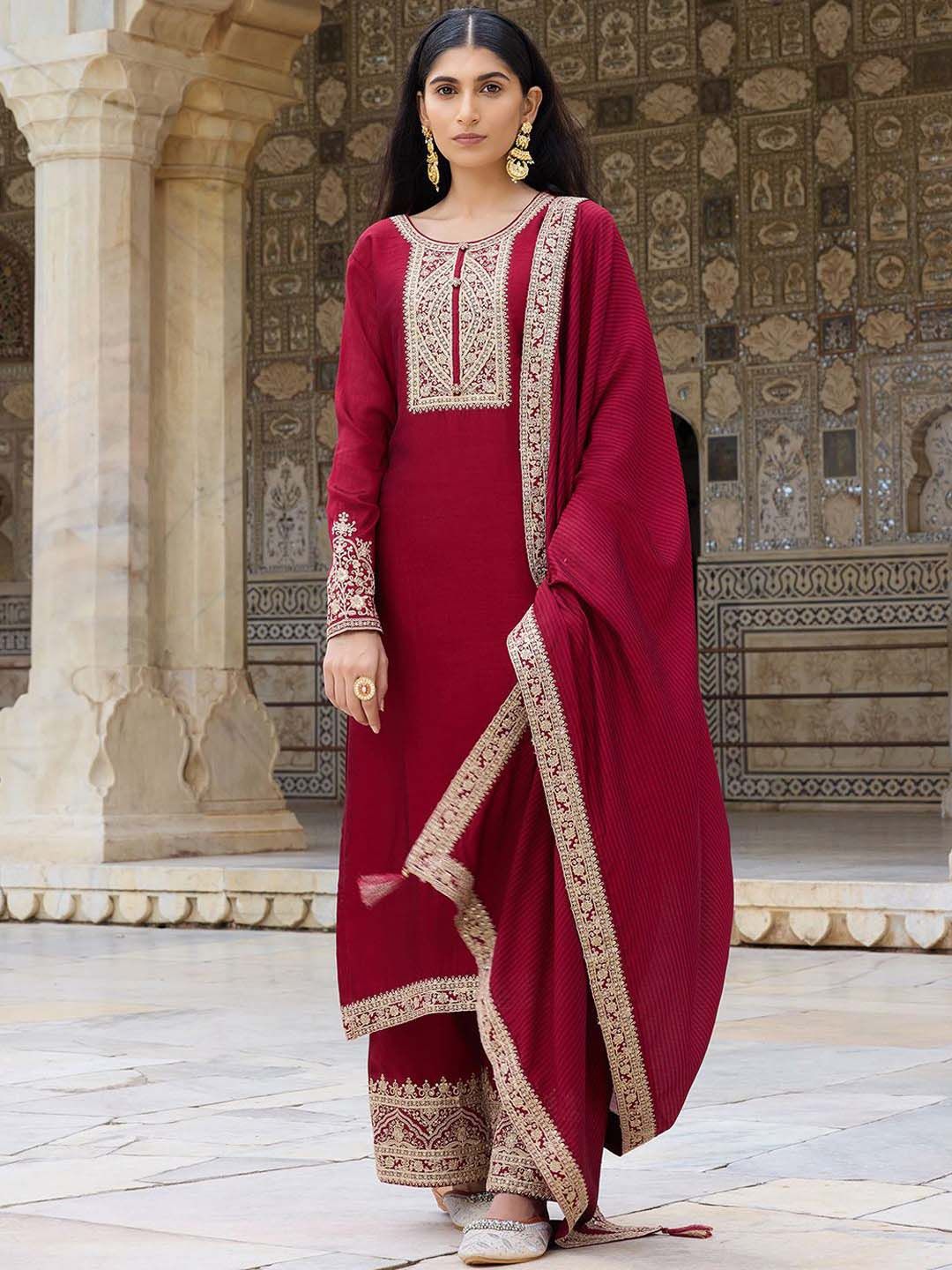 Dhiyona KL Floral Embroidered Straight Kurta with Palazzos & Dupatta