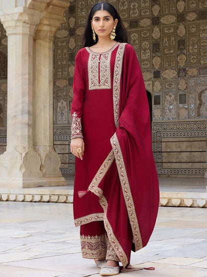 Dhiyona KL Floral Embroidered Straight Kurta with Palazzos & Dupatta