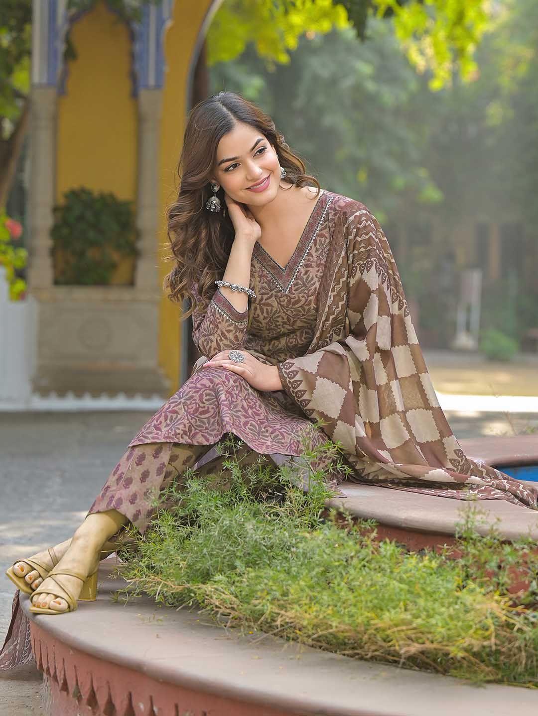 Dhiyona KL Floral Printed V Neck Gotta Patti Straight Kurta With Trousers & Dupatta