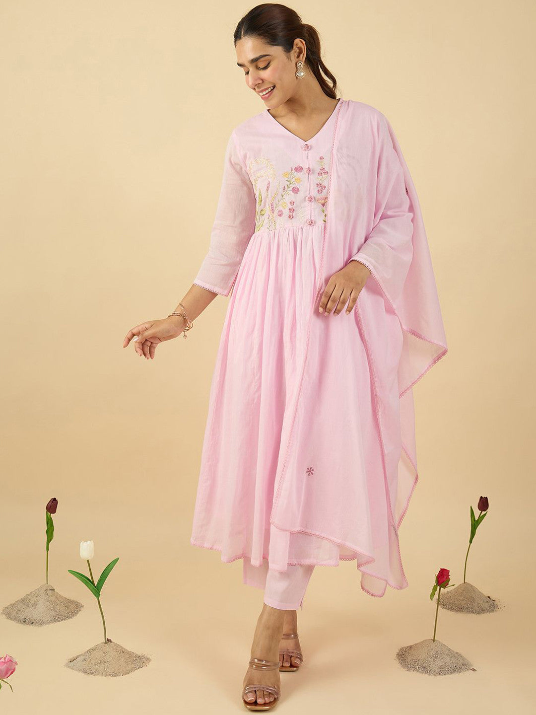 Floral Embroidered V Neck A Line Pure Cotton Kurta With Trousers & Dupatta