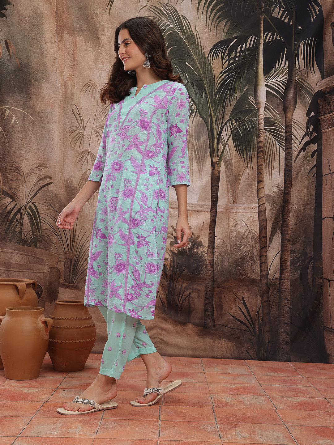 Floral Print Crochet Detail Kurta with Trousers