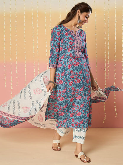 Dhiyona IE Floral Printed Notch Neck Pure Cotton Kurta With Trousers & Dupatta