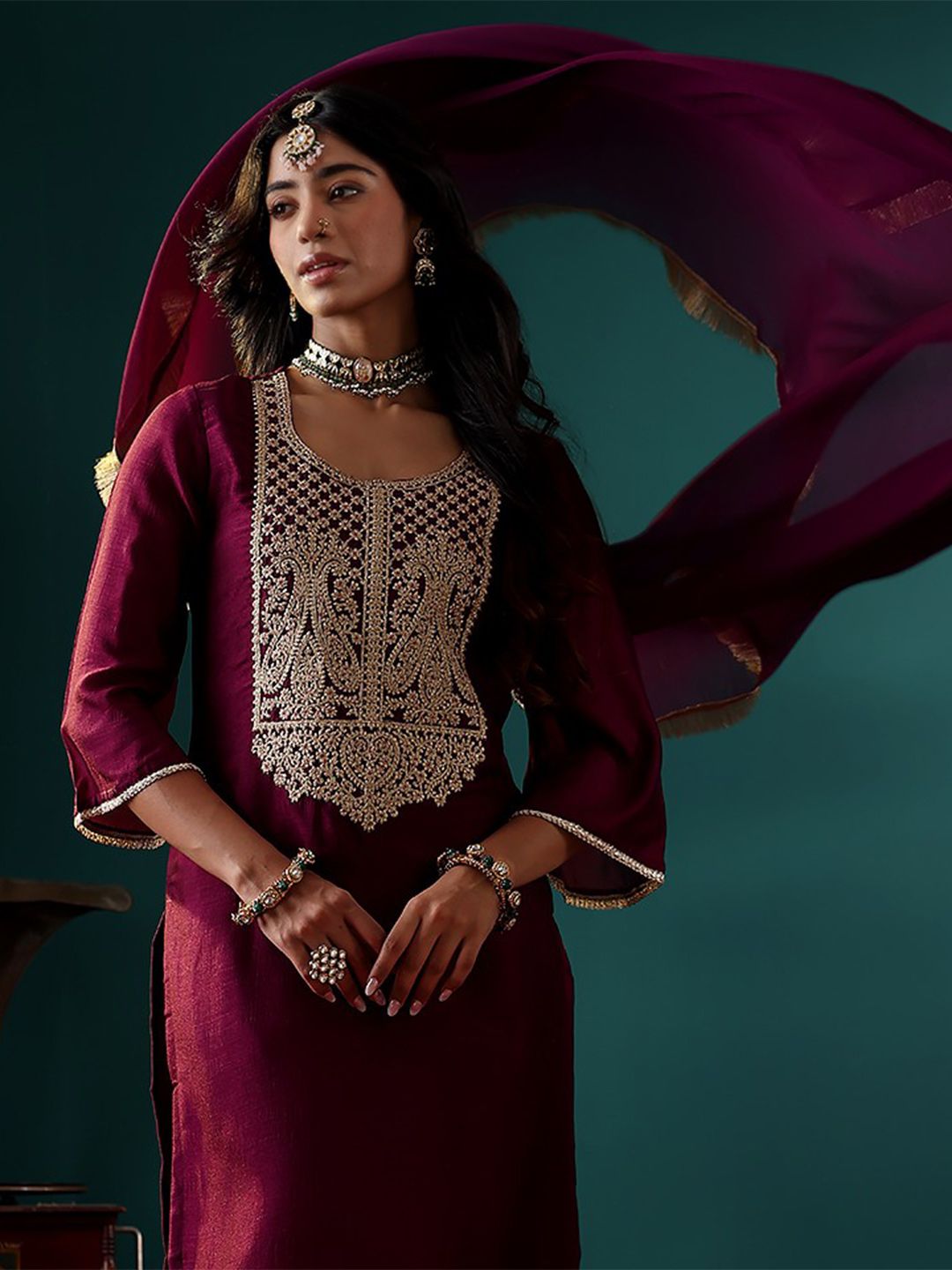 Dhiyona VA Women Ethnic Motifs Embroidered Regular Kurta with Palazzos & With Dupatta