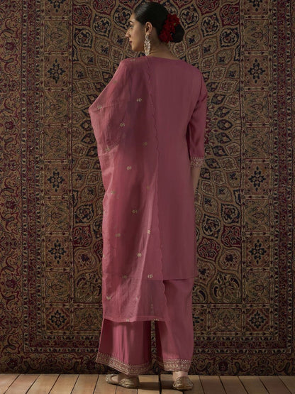 Dhiyona IE Ethnic Motifs Embroidered Notch Neck Zari Kurta With Palazzos & Dupatta