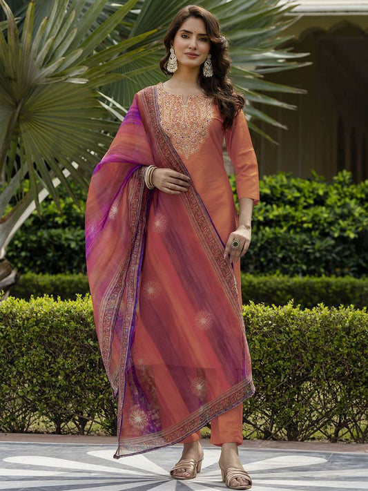 Dhiyona KL Women Embroidered Regular Thread Work Straight Kurta with Trousers & Dupatta