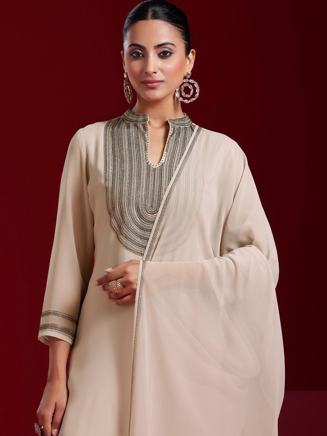 Dhiyona LL Yoke Design Regular Beads And Stones Straight Kurta With Palazzos & Dupatta