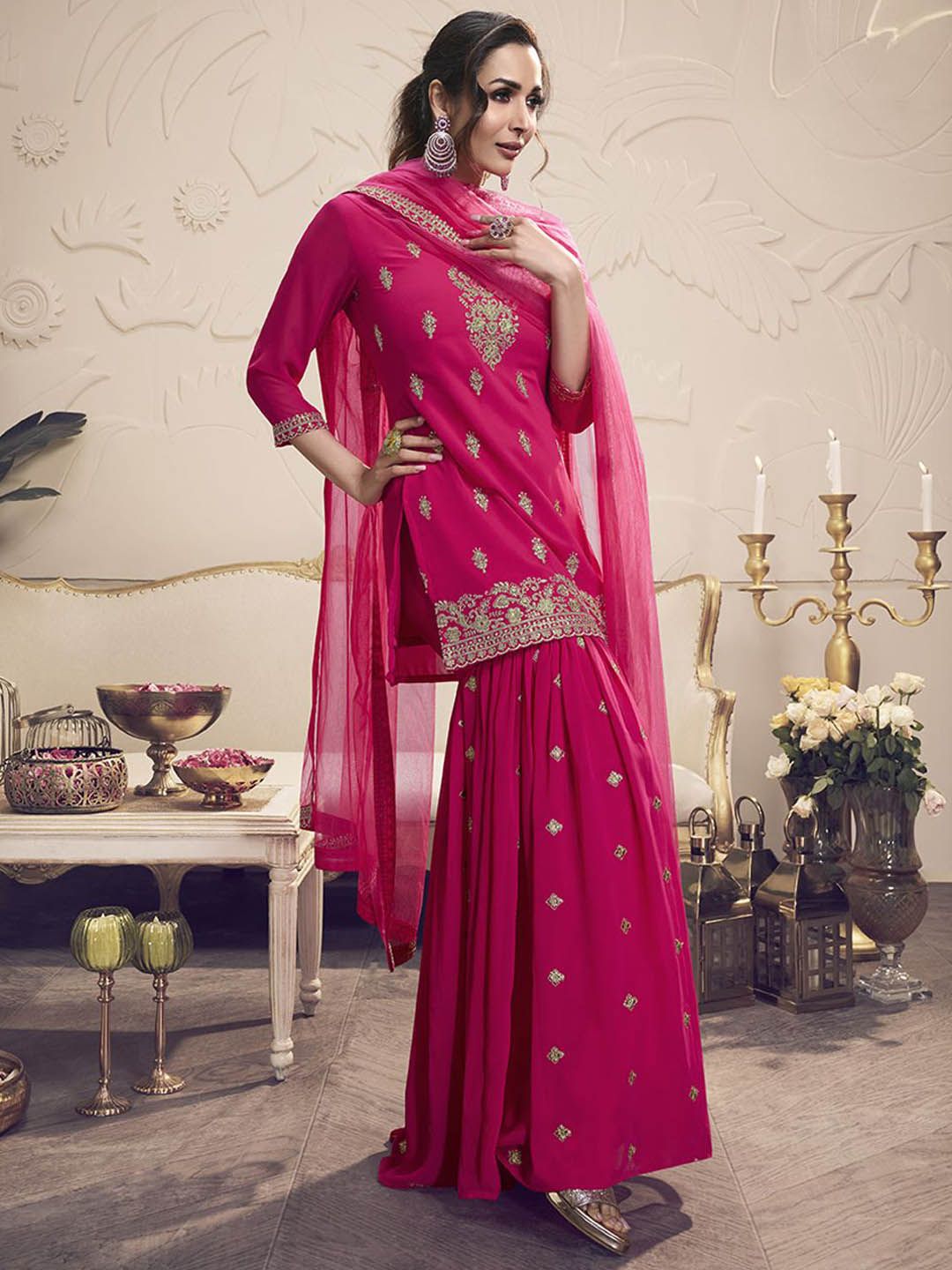 Dhiyona IN Women Floral Zari and Sequinned Embroidered Kurta Set with Dupatta