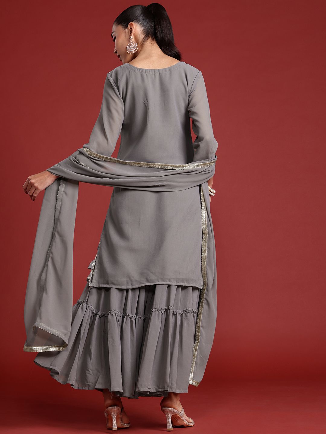 Dhiyona IE Floral Embroidered Sequinned Kurta With Sharara & Dupatta