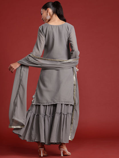 Dhiyona IE Floral Embroidered Sequinned Kurta With Sharara & Dupatta