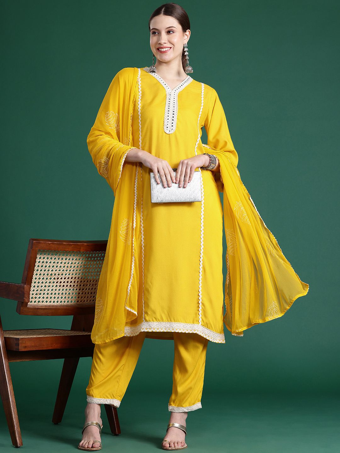Dhiyona IE Embroidered Panelled Mirror Work Kurta With Trousers & Dupatta