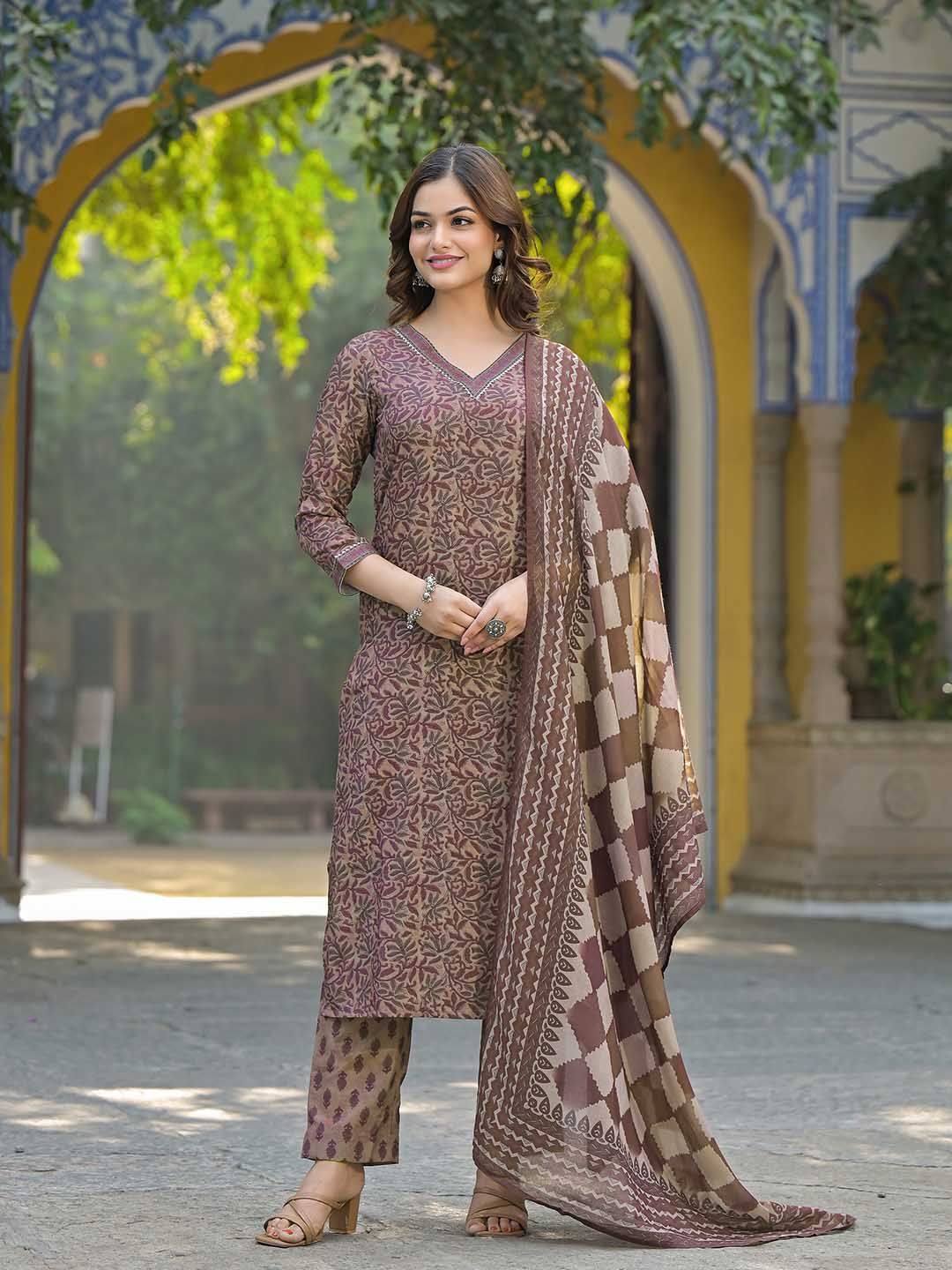 Dhiyona KL Floral Printed V Neck Gotta Patti Straight Kurta With Trousers & Dupatta