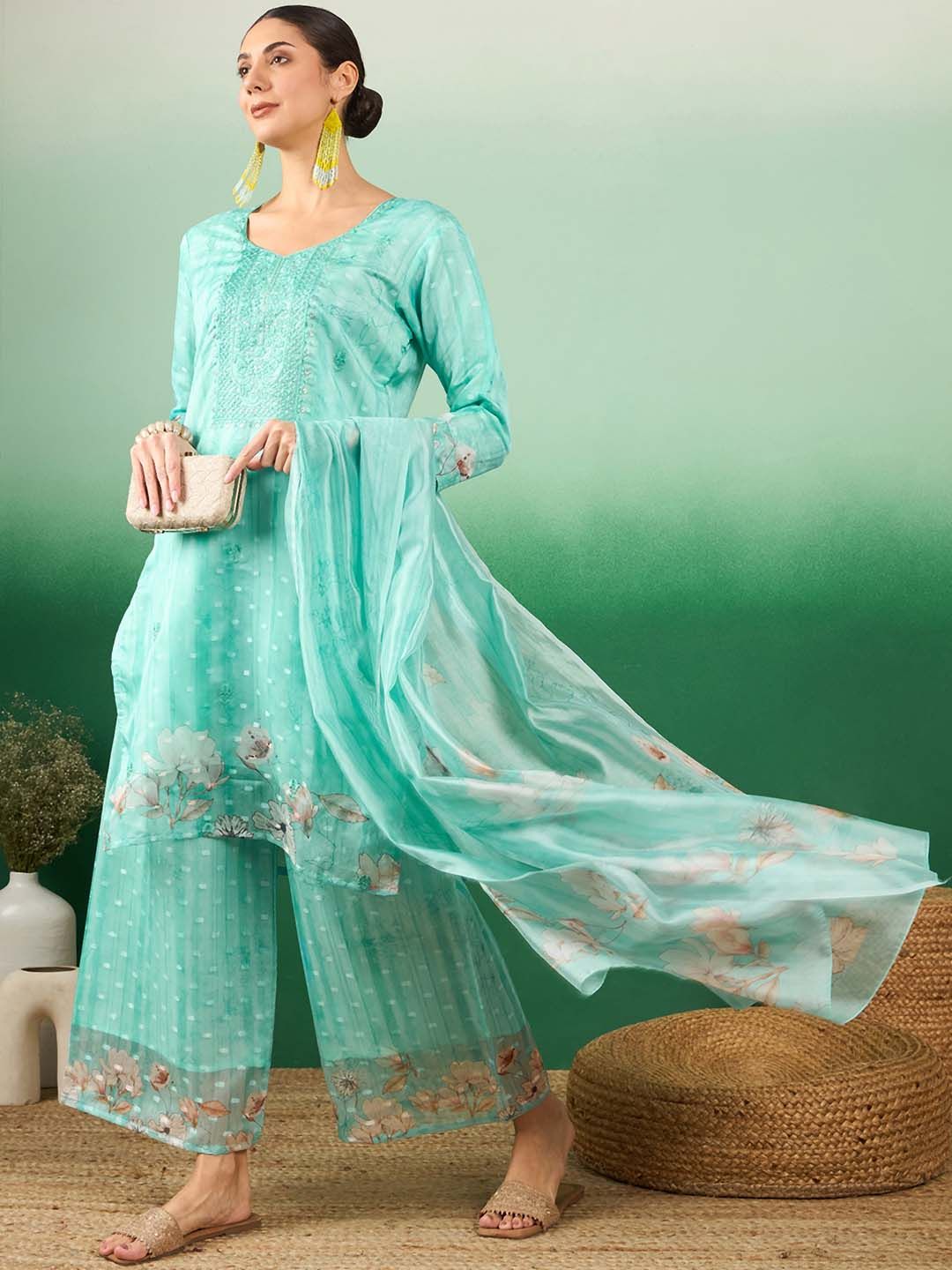 Dhiyona SN Floral Embroidered Regular Sequinned Kurti with Palazzos & With Dupatta
