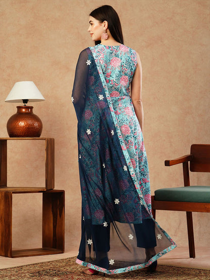 Dhiyona KL Floral Printed Sequinned Sleeveless Anarkali Kurta With Trouser & Dupatta