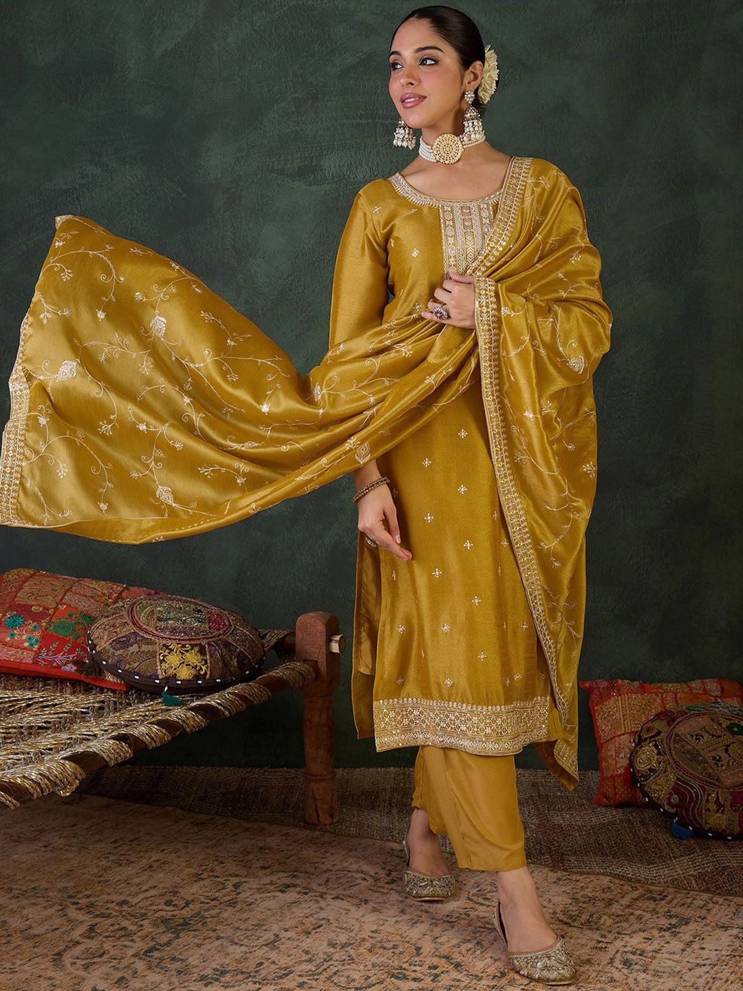 Women Embroidered Regular Sequinned Kurta with Trousers & Dupatta
