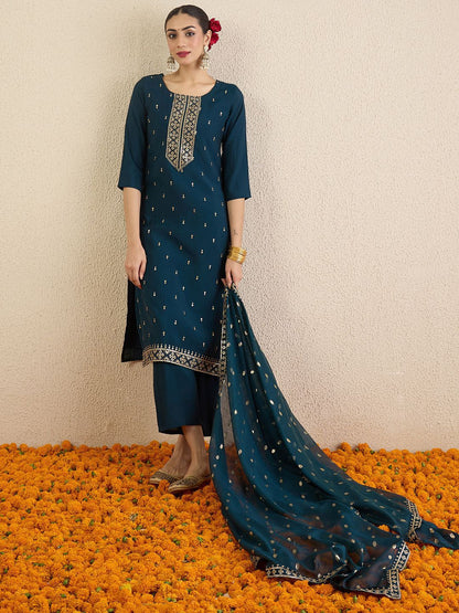 Women Solid Embroidered Kurta with Palazzo & Dupatta