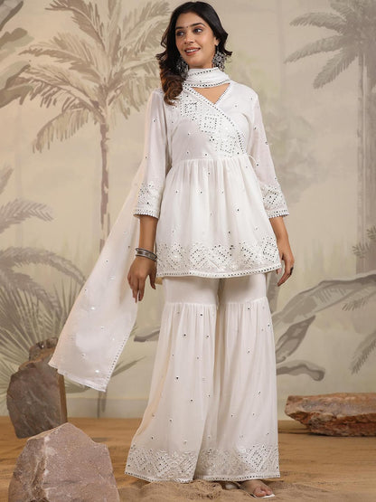 Dhiyona SC Embroidered Mulmul Cotton A-Line Angrakha Kurta With Sharara & Dupatta