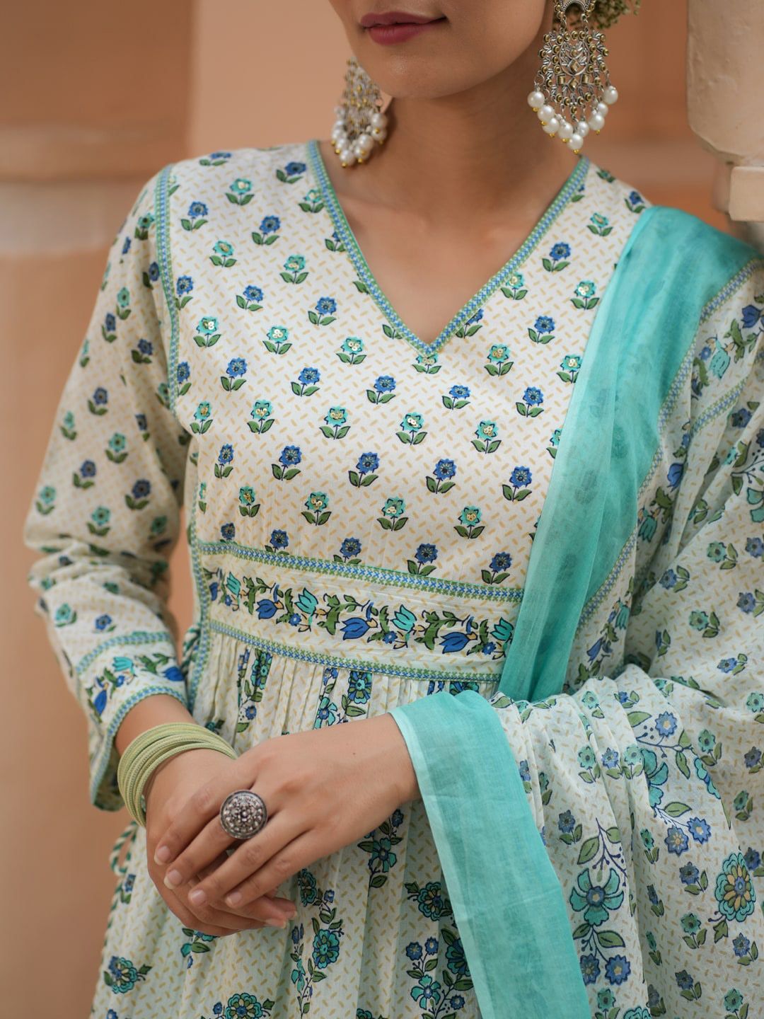 Dhiyona RR Women's Floral Printed Sequinned Pure Cotton A-Line Kurta With Trousers & Dupatta