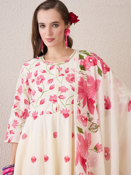 Floral Printed Beads & Stones Pure Cotton A-Line Kurta With Trousers & Dupatta