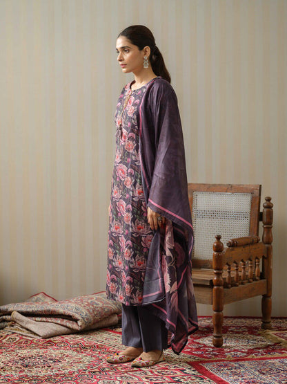 Dhiyona IS Women's Floral Printed Tie-Up Neck Linen Kurta with Trousers & With Dupatta