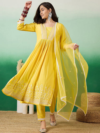 Dhiyona SN Women's Ethnic Motifs Embroidered Sequinned Straight Kurta With Trousers And Dupatta