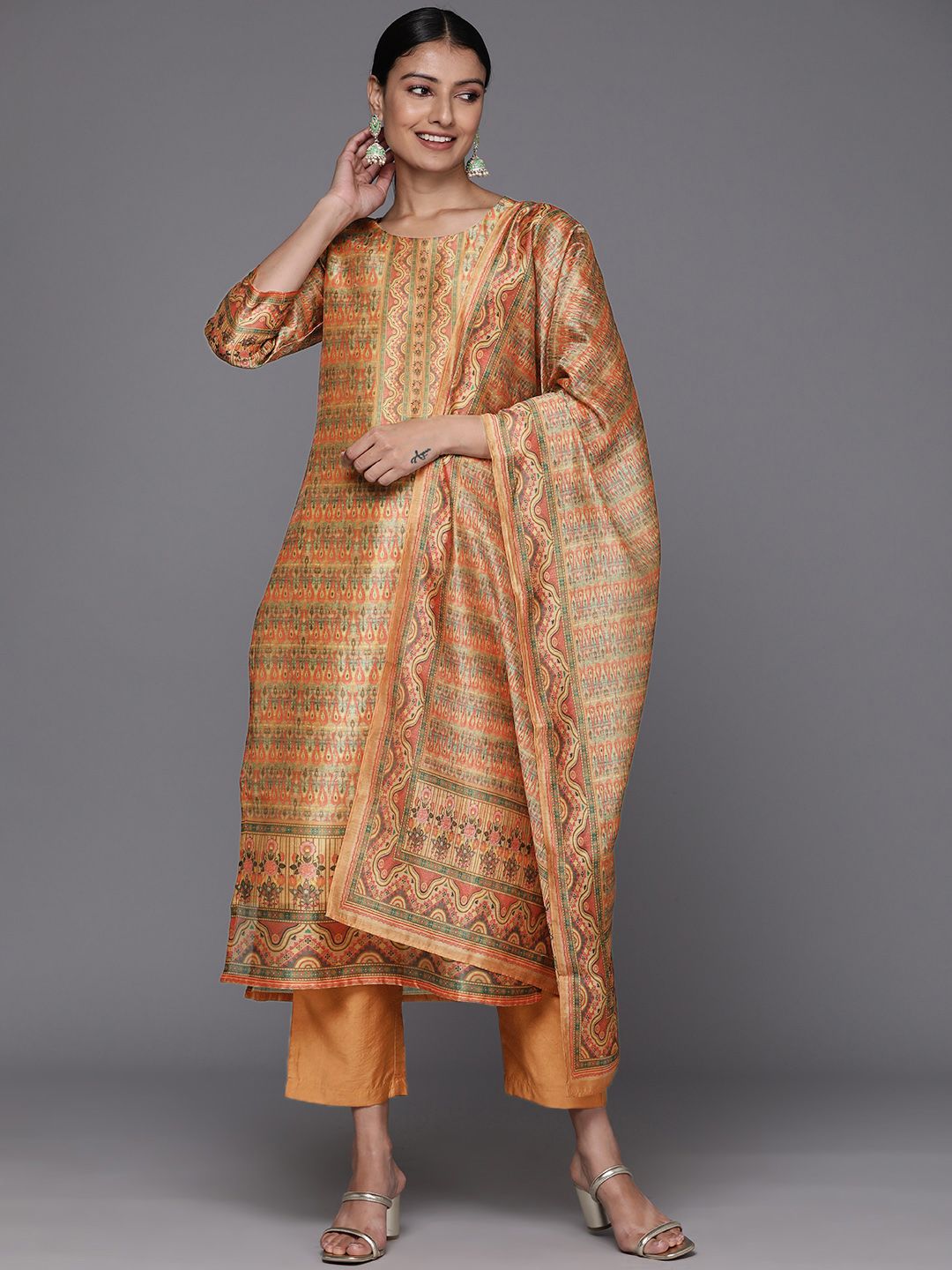 Dhiyona VA Women's Coral Printed Regular Chanderi Silk Kurta with Trousers & With Dupatta