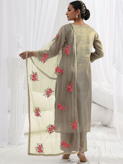 Women Regular Thread Work Kurta with Trousers & With Dupatta
