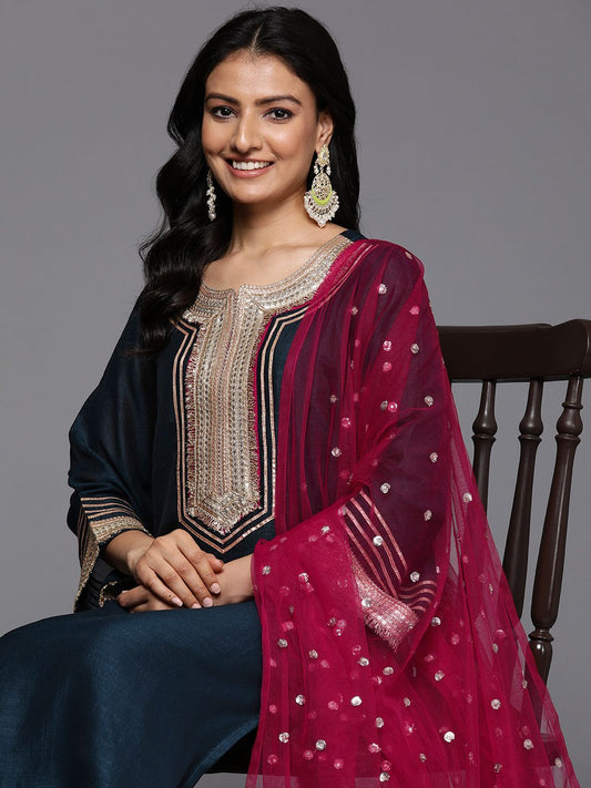 Dhiyona VA Yoke Design Sequinned Kurta with Palazzos & With Dupatta