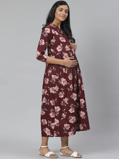 Dhiyona AY Women's Burgundy & Pink Floral Printed Pure Cotton Maternity A-Line Dress