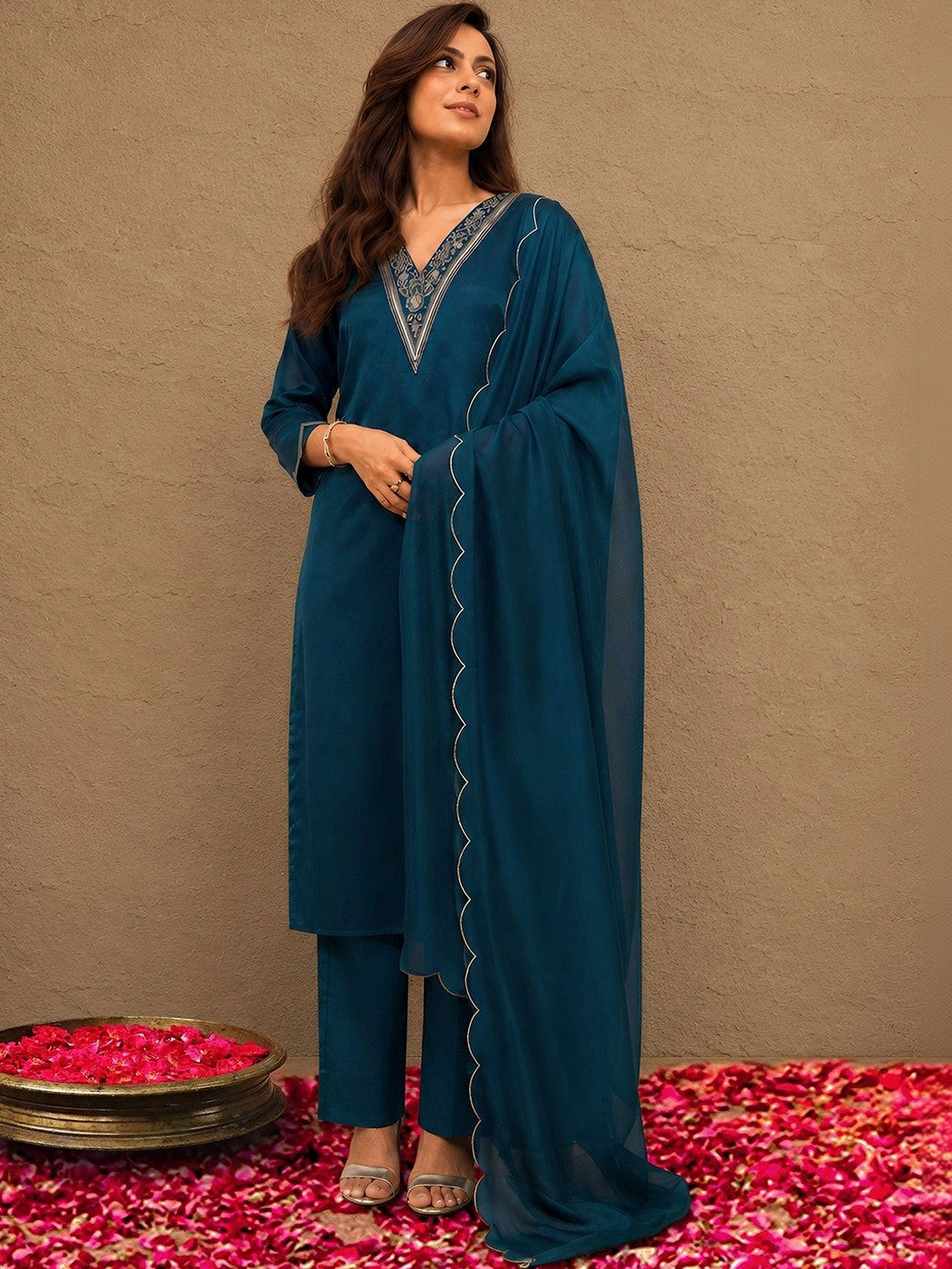 Libas Blue Yoke Design Tissue Straight Suit Set