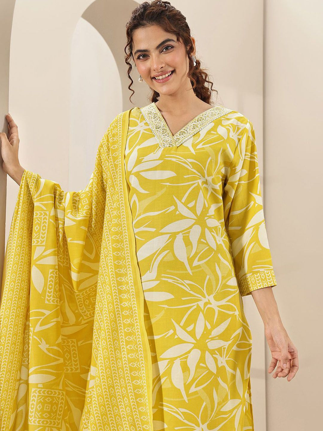 Floral Printed V Neck Thread Work Straight Kurta With Trousers & Dupatta