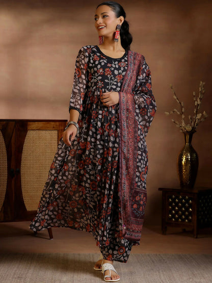 Women's LB Black Printed Poly Chiffon A-Line Kurta With Palazzos & Dupatta